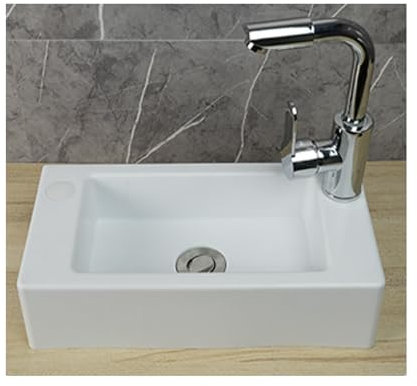 XRB2050 Lave Main Blanc, 16x8x4inch Lave Mains Rectangulaire Plastic avec Kit de Drainage, Lave Main Comptoir | Montage Mural Pour Salle De Bain WC Vestiaires ou Buanderies E Robinet Chaud et Froid