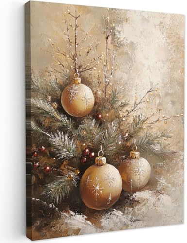 MuchoWow© Weihnachtsdeko Wandbilder Home Deko Wohnung Bild Wohnzimmer | 30x40 cm - Weihnachtsgeschenke Fotoleinwand Wand Bilder Leinwand Wall Decor Geschenk Weihnachten - Kugeln - Gold
