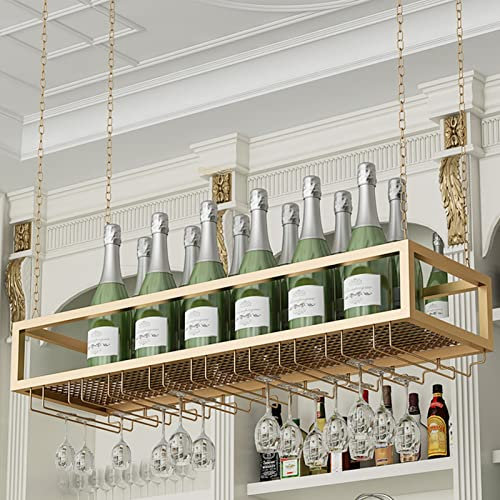 Goldenes Weinglasregal zum Aufhängen unter dem Regal, Organizer für Barschrank, Küche, Stielglashalter aus Metall und Eisenkette (Größe: 60 x 25 x 21 cm)