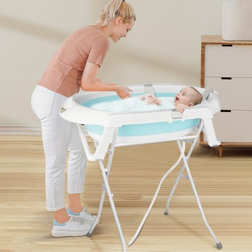 Babywanne mit Ständer Faltbare Baby Badewanne Set mit Gestell - Tragbare Rutschfeste Wanne für Neugeborene bis 3 Monate - Stützkissen inklusive-66 * 61 * 82cm- grün