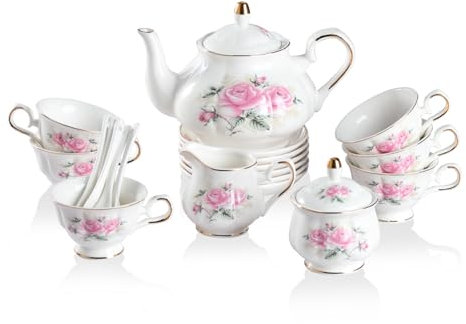 Sweejar Porzellan-Teeservice, Vintage British Floral Relief Gold Rimmed Teeset Tasse und Untertasse Set, Teeservice für 6, mit Teekanne, Zuckerdose, Milchkännchen, Löffeln, Teetasse und Untertasse
