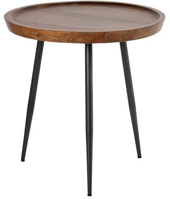Table basse ronde avec pieds en fer gris, plateau en bois de manguier et finition noyer, hauteur 55 cm