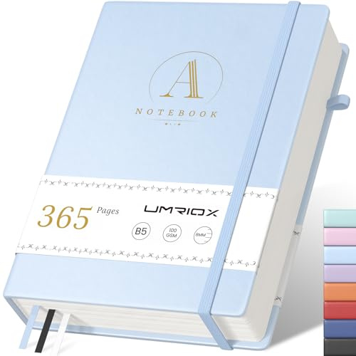 Umriox B5 - Taccuino a righe, taccuino spesso, grande in pelle, blocco note con 365 pagine e carta di alta qualità 100 g/m², adatto per scrivere e prendere appunti, 17,8 x 25,5 cm, azzurro