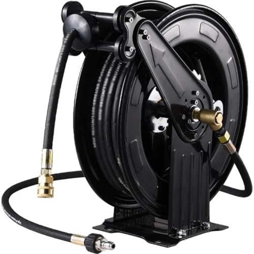 PLOTSAGE Automatic Retractable Hose Reel, Stainless Steel Bearings and Set Piece, Pressure Washer Hose Reel with Any Card Slot, for Watering Car Washing Pet Showers,Black,30m