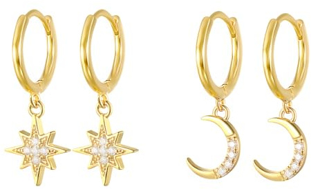 Hinvan 2 Paare 925 Sterling Silber Ohrringe Stern Mond Klein Gold Creolen | mit Stern Anhänger Schlafen Knorpel Kreolen Creolen Gold Ohrringe Hängend Ohrhänger Zirkonia für Damen Frauen Mädchen