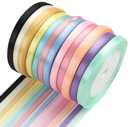 Cinta de Raso de Doble Cara, 300 Yardas en Total, 12 Colores Vibrantes, 6 mm de Ancho, para Decoración de Bodas, Navidad, Regalos y Manualidades