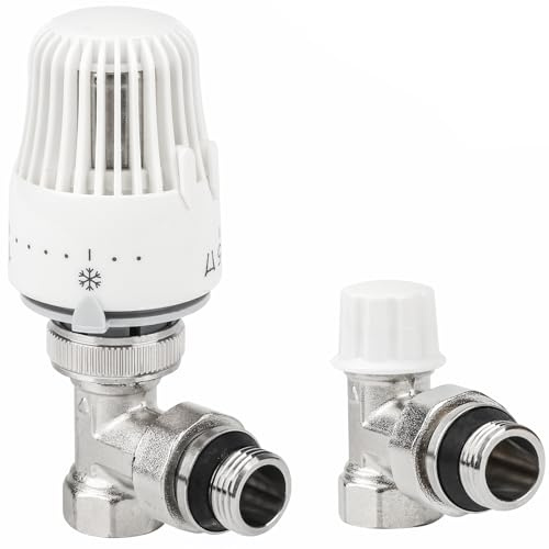 Warmfay 1/2 Zoll Thermostatventil Heizkörperventil Komplett-Set, Eckform Messing Zentralheizungssteuerung Thermostatkopf + Rücklaufverschraubung für Heizkörper, Frostschutzstellung, mit Schloss