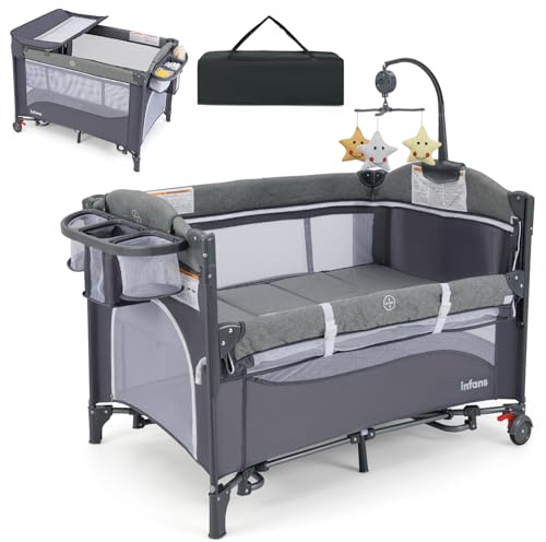 GOPLUS Cuna Lateral a la Cama, con Cambiador, Cojín Suave, Soporte para Juguetes y Espacio de Almacenamiento, Ajustable en Altura, Parque para Bebé de 0-9 Meses con 2 Ruedas y Bolsa (Azul Marino)