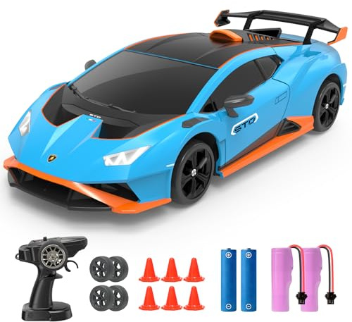 YONCHER RC Ferngesteuertes Auto Drift, Lamborghini Offiziell Lizenziert, 1:24 20KM/H 4WD RC Drift Car, RC Auto mit Leuchten, für ab 4,5,6,7,8 + Jahre Kinder und Erwachsene, Blau
