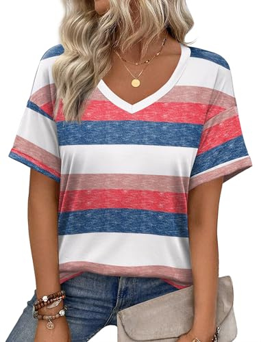 Zeagoo Camisetas Manga Corta Mujer con Cuello en V Blusas de Mujer Elegantes Camisa Verano T-Shirt Rayas M