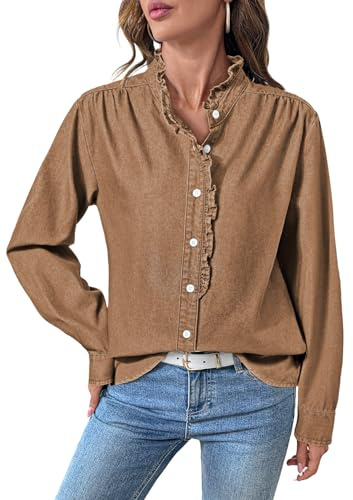 Sidefeel Womens Denim Blouses Button Down V Neck Ruffled Casual Long Sleeve Chambray Jean Western Shirt Brown Medium