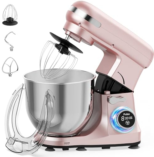 MoraRise 6.5L Stand Mixer with LCD Timer Display, 1400W Food Mixer Dough Blender with Bowl, 8-Speed + Pulse, Dough Hook, Beater & Whisk, Tilt-Head Electric Cake Mixer for Baking (Gold Rose, 6.5L)