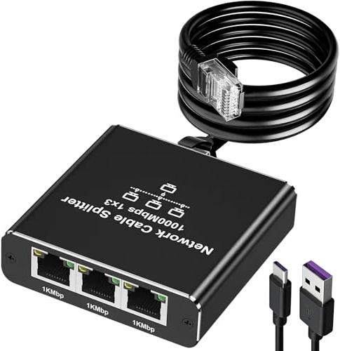 Ethernet Splitter 1 to 3,1000Mbps High Speed Internet Lan Network Switch 3 Port RJ45 Gigabit Ethernet Splitter with USB C Power Cable for Cat 8 7 6 5e 5 Cable Router Gaming PC Laptop PS5 Xbox TV