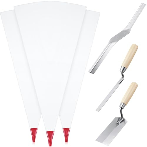 Gueevin Red 6-Piece Tile Grout Bag Set – 3 Grout Bags 13 x 24 with Molded Tips, 1 Margin Trowel, 1 Tuck Pointing Trowel & 1 Convex Brick Jointer for Tile, Masonry & Mortar Installation