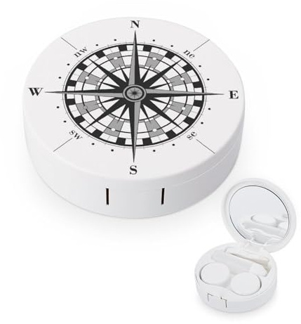 fkgvwo Contact Lens Container Compass White Travel Contact Lens Box with Mirror Tweezers Solution Bottle