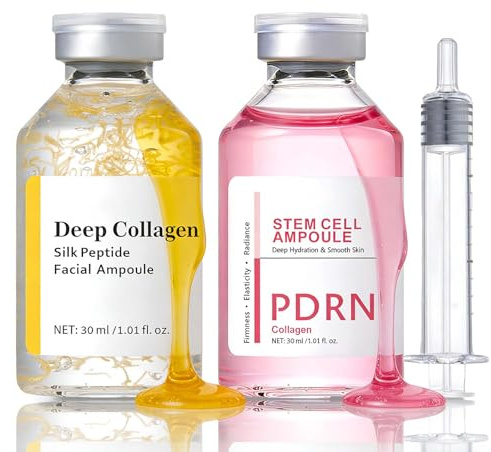 2PCS Deep Collagen Silk Peptide & PDRN Stem Cell Ampoule Set, Korean Glass Skin Serum with Sodium DNA, Anti-Ageing Peptide Serum for Face, Instant Fine Lines Smoothing & Hydrating for Women