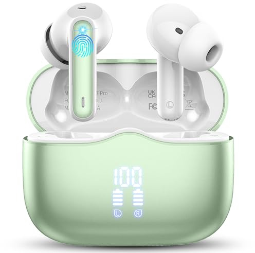 Cuffie Bluetooth, Auricolari Bluetooth 5.4 In Ear con HiFi Stereo, 40 Ore Cuffie Wireless con 4 ENC Cancellazione Rumore Mics , IP7 Cuffiette Bluetooth con LED Display per iOS Android, Verde Chiaro