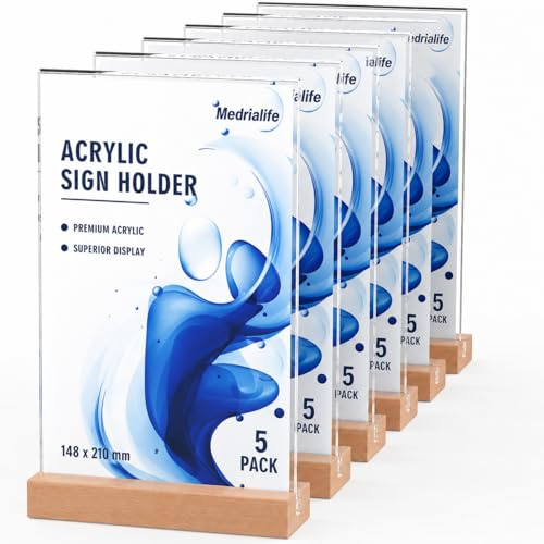 Medrialife Lot de 5 Porte Affiche A5 Support Bois Presentoir Support Pour Menu pour Réception, Bureau, Magasin, Restaurant, Hôtel