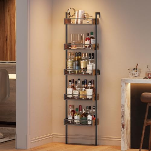 VEDECASA 5‑Stufiges Weinregal & Liquor Stand – Freistehendes Flaschenregal & Wand‑Display Regal für Wein & Spirituosen – Rustik‑Braun Holz/Metall Dekor – Bar, Küche & Wohnzimmer Weinständer