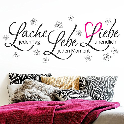 Grandora Wandtattoo Zitat Lebe Lache Liebe + Blumen & Herz pink I schwarz (BxH) 58 x 24 cm I Wohnzimmer Sticker Aufkleber Wandaufkleber Wandsticker W5122