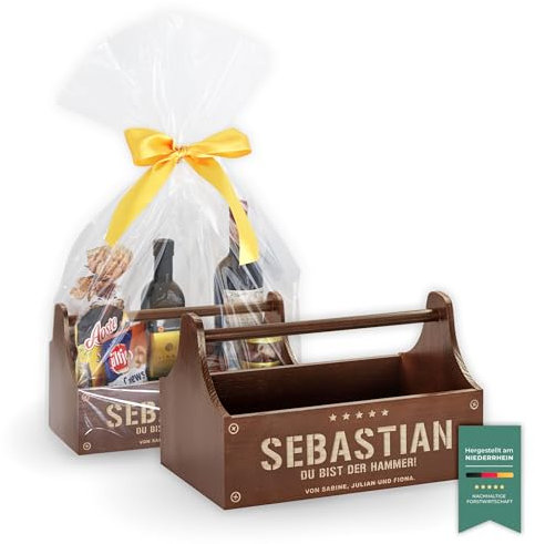 LAUBLUST Große Werkzeugkiste Hammer Design - Personalisiert mit Individueller Wunsch-Gravur - 34 x 18 x 20 cm, Braun, FSC® | Geschenkkiste - Geschenk-Verpackung | Aufbewahrungskiste | Flaschen-Korb