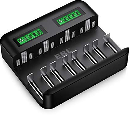 EBL Cargador de Pilas Inteligente, Cargador de batería de Ni-MH AA AAA C D, Universal Carga Rápida con Tipo C/Micro USB, Pantalla LCD, Ranura Independiente y Auto-Detección (C9008)