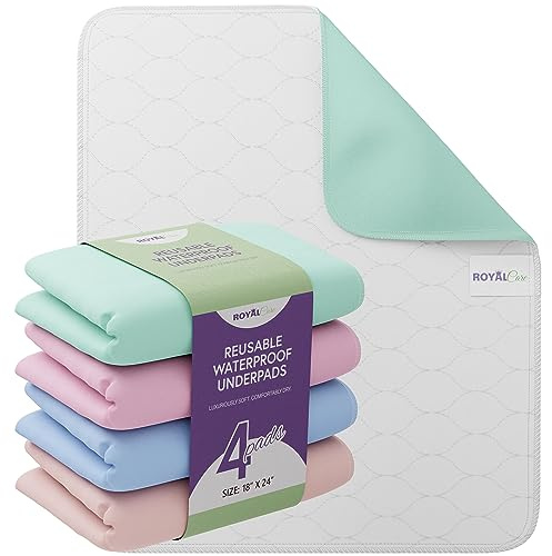 Incontinence Bed Pads - 4 Pack 18” x 24” Reusable Waterproof Mattress Protectors - Highly Absorbent, Machine Washable - for Children, Pets and Seniors - Assorted Colors - Royal Care