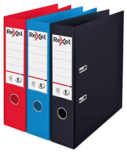 Rexel Choices A4 Lever Arch Files, 3-Pack Assorted Colors (Black, Red, Blue), Durable Plastic on Board, Patented No.1 Locking Mechanism, Replaceable Spine Labels, Ring Binder, Office File Organizer