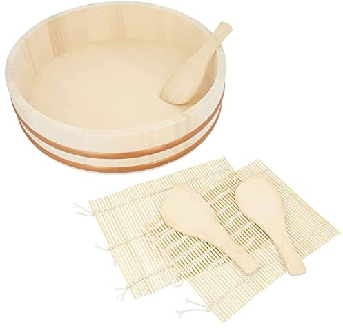 Wooden Hangiri Sushi Oke Rice Mixing Tub, Sushi Making Kit with Sushi Mat Roller Rice Paddle, Japanese Sushi Rice Bowl,72cm/28.3in