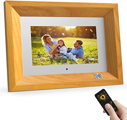 KODAK 7 Zoll Digitaler Bilderrahmen HD IPS Intelligenter Holz Elektronischer Bilderrahmen Klein mit 4GB Speicher, USB SD Kartenschlitzen, Automatischer Rotation, Teilen von Bildern mit Fernbedienung