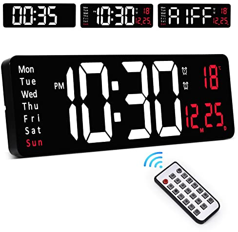 Sukeen 16 Wanduhr Groß mit Fernbedienung, Digitale Wanduhr mit 10-Stufen-Dimmung/Doppelalarm/Tag/Datum/Temperatur, Countdown/Up Uhr für Wohnzimmer, Küche, Fitnessstudio, Bauernhaus, Garage,Büro-Rot