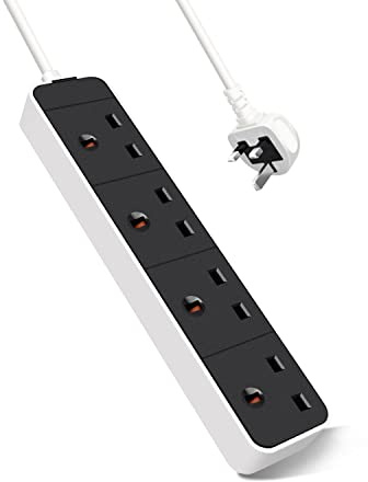 EXTRASTAR 4 Way Extension Lead in Black and White, 2M Extension Cord 13A UK Plug Max 3120W Socket Power Strip for Home Office School