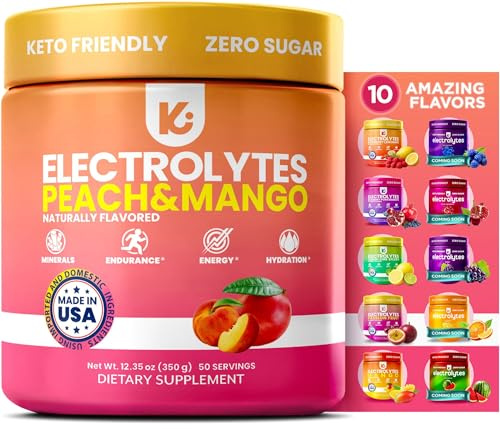 Keppi Electrolytes Powder – Peach Mango Flavor – No Sugar Hydration Supplement with Potassium, Magnesium, Sodium – 50 Servings – Keto, Vegan, Fasting-Friendly, Zero Calorie Electrolyte Drink