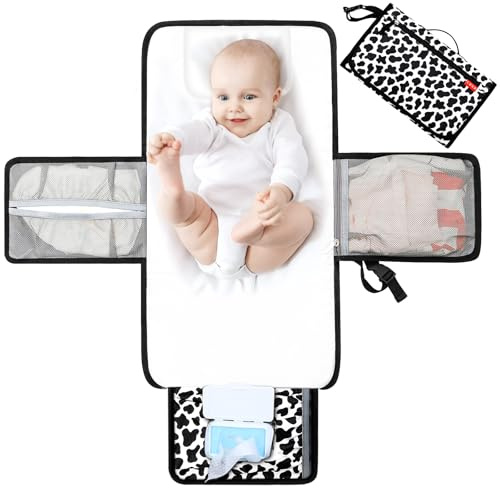 Lekebaby Nappy Changing Mat Portable Baby Travel Change Mats with Wipe-Pocket and Head Cushion, Cow Stria