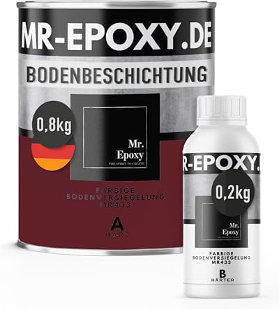 Mr. Epoxy Epoxidharz Bodenbeschichtung (1 kg, RAL 3005 Weinrot) - 2K Betonfarbe für Garagen, Keller & Werkstatt Boden - Flüssigkunststoff Epoxid Grundierung und Bodenversiegelung