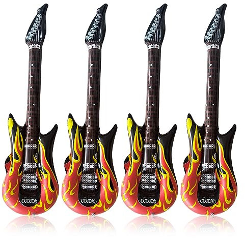 SKHAOVS 4 Pcs Flame Inflatable Guitar for Adults Kids, Inflatable Punk Rockstar Guitar Inflatable Party Props for Themed Parties, Karaoke Decorations, Photo Booth Props, Makeup Accessories (90cm)