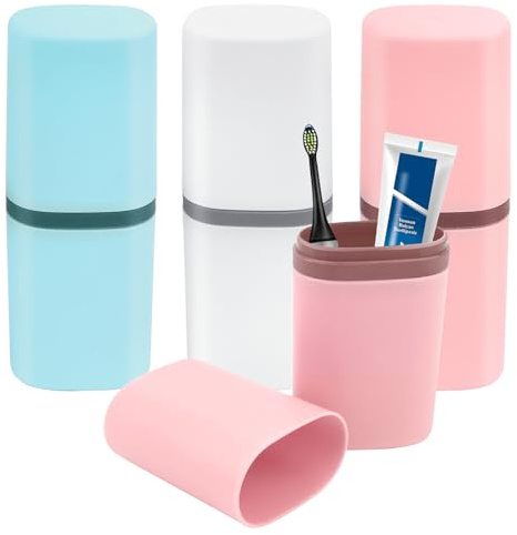 3 Stück Zahnbürsten Etui,Tragbar Zahnputzbecher Reisen,Etui Zahnbürste Kunststoff,Waschbecher Geeignet für Camping Reisen Wandern Geschäftsreisen Zuhause(Blau,Weiß,Rosa)