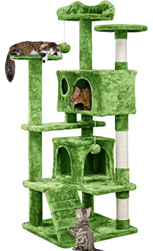 Yaheetech 139cm Cat Tree for Indoor Cats with Scratching Posts, Green | Multilevel Cat Tower, 2 Condos, 3 Perches, Sisal Posts, Ladder, Safety Strap, for Small to Large Cats, FSC-Certified