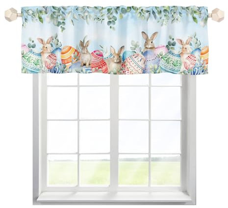 EHJOS Ostern Kaninchen Scheibengardinen Bistrogardine mit Stangendurchzug Kurzstore Gardine Landhaus Küchenvorhang für kleine Fenster Küche Wohnzimmer Landhaus Multicolor 2pcs