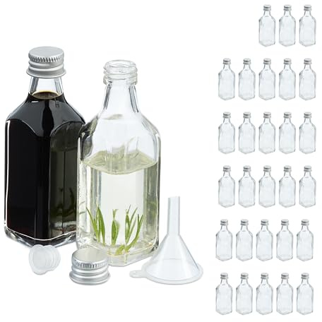 Relaxdays Små flaskor, set om 30, 50 ml, glasflaskor för fyllning, skruvlock och korkar, transparent/silver