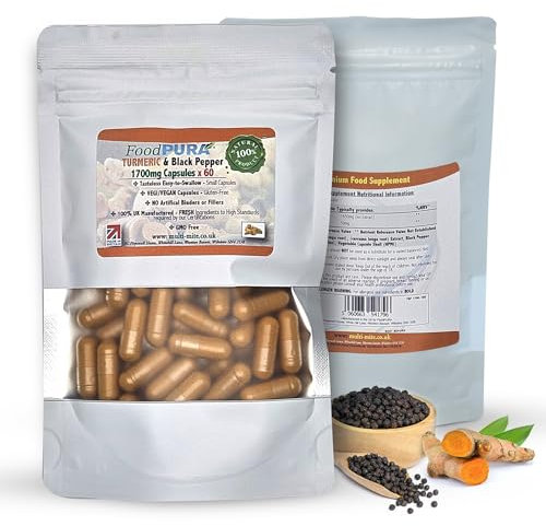 FoodPURA 60 x Turmeric with Black Pepper Capsules High Strength 1700mg HACCP Certified, Manufactured in The UK by FoodPURA 1 Pack of 60 Capsules