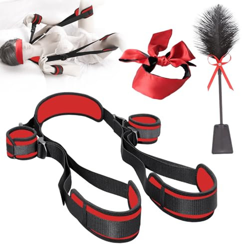 BDSM Handschellen Sex Bondage Bett Fesseln Set,SM Fetisch Erotik Einstellbar Handschellen,Augenmasken und Sexpeitschen,BDSMs Toys Fesseln Sex Set,Cosplay Sexspielzeug für Paare extrem Sex (Rot)
