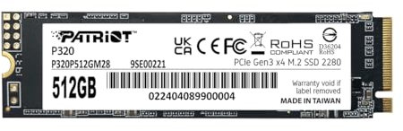 Patriot P320 512GB SSD Interno - NVMe PCIe Gen 3x4 - M.2 2280 - Unidad de Estado Sólido - P320P480GM28