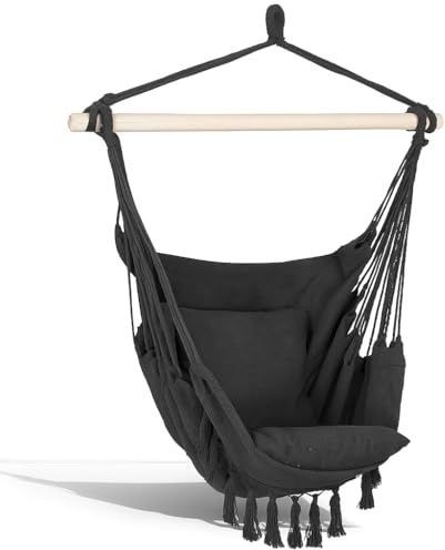 Springos Sillón colgante brasileño con cojín de 150 kg, mecedora boho de algodón/poliéster, color gris oscuro, bolsillo lateral, ideal para jardín, terraza y hogar