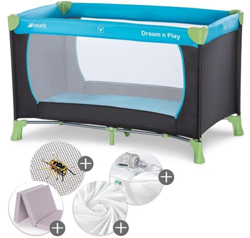 Hauck Dream N Play - Cuna de viaje para bebé XXL, con colchón, protección anti-insectos, funda de cama y sábana ajustable, plegable, con bolsa, azul