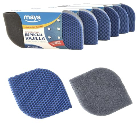 Maya - Pack de 12 Estropajos de Cocina para Limpieza de Vajillas, Ollas y Sartenes sin Dejar Rayas | 12x8,5x2,5 cm | Esponjas Lavables en Lavavajillas y Lavadora (EVO, Azul)