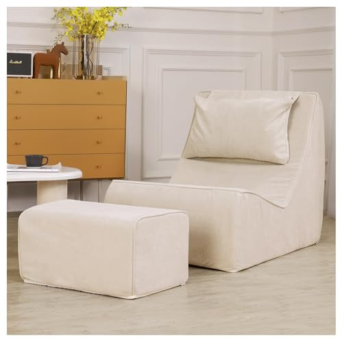 Giant Bean Bag Chair for Adults - Indoor Chaise Lounge with Neck Pillow & Ottoman, All-in-One Sponge Design, Comfy Floor Chair for Reading, Gaming, Napping, and Movies (Khaki)