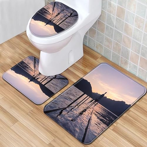 Bad Teppiche Set 3-Teiliges Rosa Graues Meer WC Vorleger Mit Ausschnitt Badematte Saugfähig WC Deckelbezug Badvorleger rutschfest Waschbar Toilettensitzbezug Badgarnitur (45x75cm)