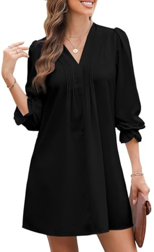 Dokotoo Kleid Damen Langarm Elegant Einfarbig A-Linien Rüschenärmel V-Ausschnitt Midikleid Partykleid Freizeitkleid Dating-Kleid Sommerkleider Rüschenkleid Schwarz 2XL