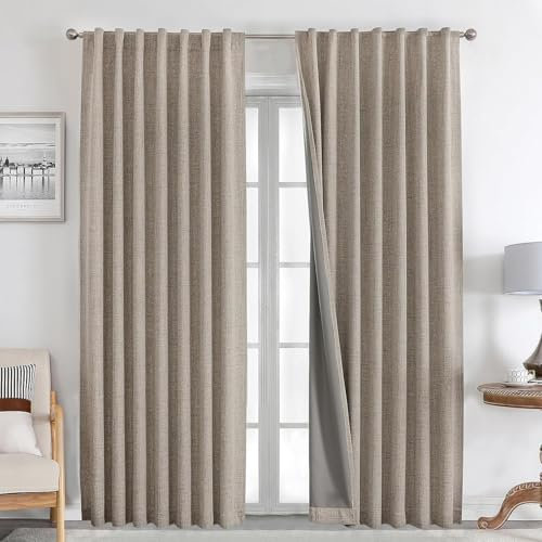 Joydeco Blackout Thermal Lined Curtains 55x96 Inch Drop 2 Panels with Back Tabs & Rod Pocket, 100% Light Blocking Linen Texture Fabric Curtain Drapes for Living Room Bedroom